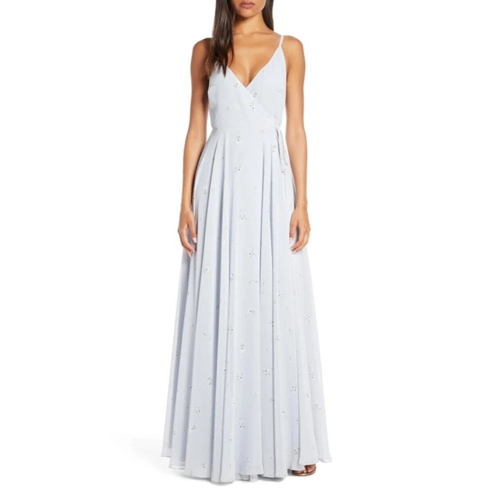 Jenny Yoo James Ditsy Floral Print Wrap Chiffon Dress, Whisper Blue, SIZE 0